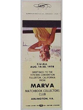 Vintage Matchbook Cover Marva Club 1978 RMS Fullerton California Photo Pinup